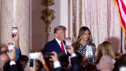 Former U.S. President Donald Trump and his wife, former first lady Melania Trump look on after announcing that he will once again run for U.S. president in the 2024 U.S. presidential election during an event at his Mar-a-Lago estate in Palm Beach, Florida, U.S. November 15, 2022