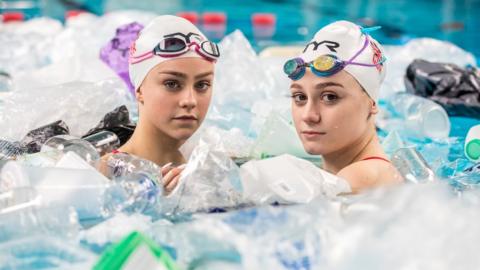 Handout photo dated 05/03/19 issued by The Big Bang Fair of British Synchronised swimmers Kate Shortman and Isabelle Thorpe, who attempt to recreate their World Championship routine in a pool filled with plastic
