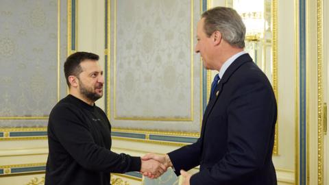 Volodymyr Zelensky shaking David Cameron's hand
