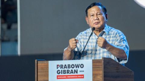 JAKARTA, INDONESIA - FEBRUARY 14: Indonesian presidential candidate Prabowo Subianto, the current Defence Minister, addresses supporters at an event on February 14, 2024 in Jakarta, Indonesia. Indonesia headed to the polls to vote in presidential elections on Feb. 14. (Photo by Oscar Siagian/Getty Images)