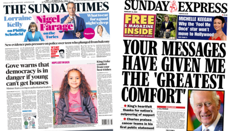 The headline of the Sunday Times reads: Gove warns that democracy is in danger if young can't get houses and the headline of the Sunday Express reads: Your messages have given me the greatest comfort