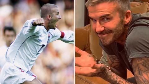 David Beckham celebrating a goal and smiling while listening to BBC Radio 5 Live commentary