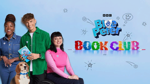 Blue Peter presenters and dog next to a graphic for the Blue Peter book club