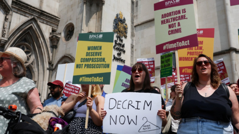 Pro-choice protesters outside the Royal Courts of Justice in June 2023