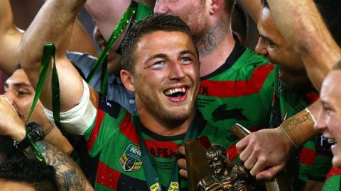 Sam Burgess celebrates the 2014 title win with Souths