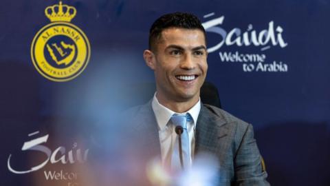 Cristiano Ronaldo attends a press conference during the official unveiling as an Al Nassr player at Mrsool Park Stadium on January 3, 2023 in Riyadh, Saudi Arabia