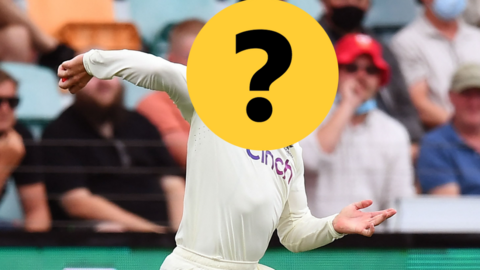 An England cricketer with his face covered by a question mark