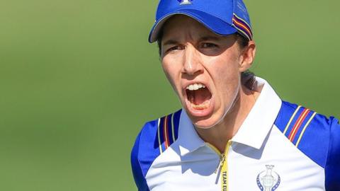 Carlota Ciganda of Spain reacts to winning a hole for Europe at the Solheim Cup
