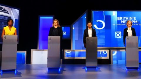 Kemi Badenoch, Penny Mordaunt, Rishi Sunak, and Liz Truss on stage during the Channel 4 Tory leadership debate