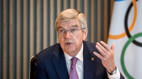 Thomas Bach speaks at an IOC news conference