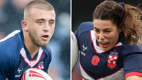 Split picture of Mikey Lewis of England's men side and Emily Rudge of the women's squad