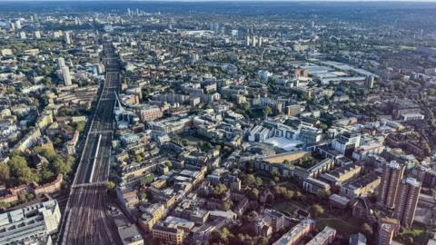 An aerial view of buildings and train tracks near London Bridge railway station