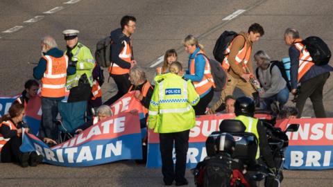 Group of protestors holding banners sitting on the M25 motorway speaking to police.