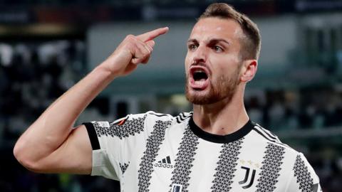 Federico Gatti of Juventus celebrates scoring during the UEFA Europa League match between Juventus v Sevilla at the Allianz Stadium