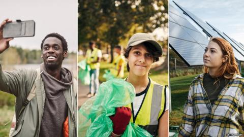 Three images of young people outside