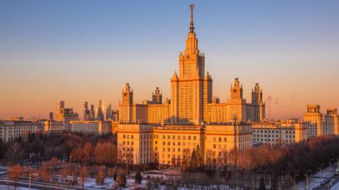 Photo of Moscow State University at sunset