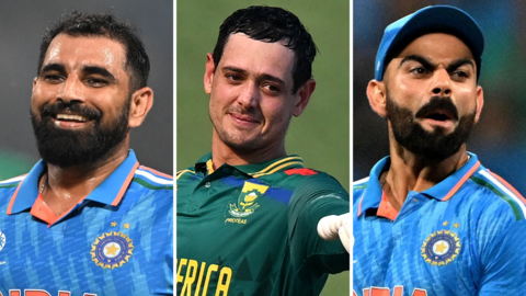 Left to right: A spilt graphic showing India's Mohammed Shami, South Africa's Quinton de Kock and India's Virat Kohli