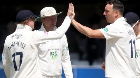 Hampshire's Kyle Abbott celebrates a wicket