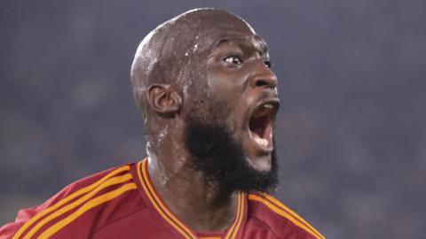 Romelu Lukaku celebrates scoring for Roma