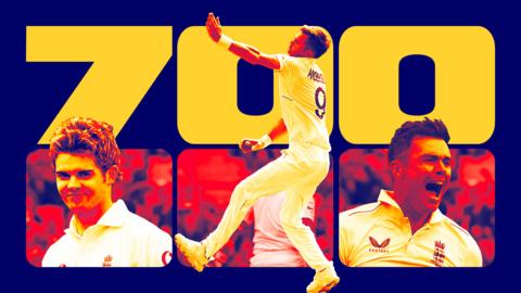 A graphic celebrating James Anderson reaching 700 Tests wickets featuring pictures from his first Test against Zimbabwe in 2003 and from Tests in 2024