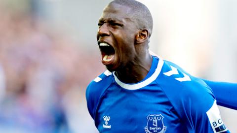 Abdoulaye Doucoure of Everton FC shouting in celebration