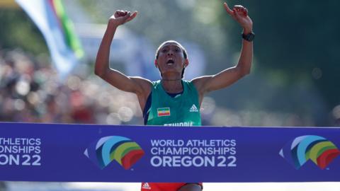 Gotytom Gebreslase wins the women's marathon at the World Athletics Championships