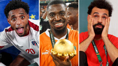 Cape Verde's Ryan Mendes, Ivory Coast co-captain Serge Aurier with the 2023 Africa Cup of Nations trophy and Egypt forward Mohamed Salah