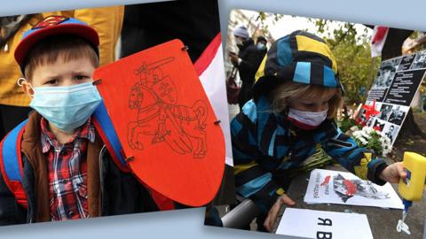 Children at protests supporting the Belarusian opposition, in Kyiv, Ukraine (L) and Minsk, Belarus (R) in November 2020