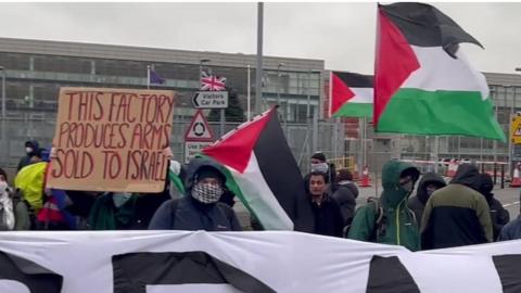 Workers for the Freedom of Palestine protesters outside Samlesbury aerodrome