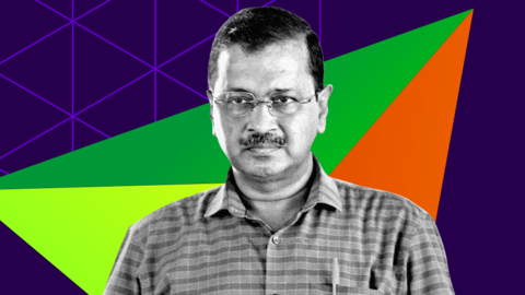 Arvind Kejriwal in black and white on a purple orange and green background