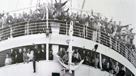 Empire Windrush arrives at Tilbury Docks from Jamaica