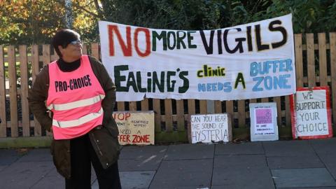 Banners and protesters outside an abortion clinic in London in October 2017