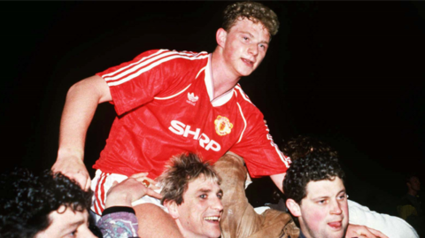 Manchester United forward Mark Robins - now manager at Coventry City - is carried off the pitch by some fans after scoring the winning goal against Oldham Athletic in the 1990 FA Cup semi-final replay