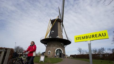 Windmill used as polling station in Osterwijk, Netherlands (15 March)