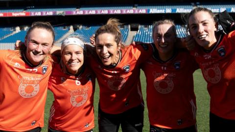 Armagh's Louise Kenny, Lauren McConville, Caroline O'Hanlon, Aoife McCoy and Kelly Mallon celebrate the win over Kerry