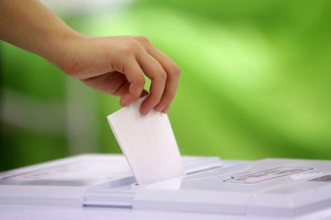 A person puts their voting paper in a ballot box