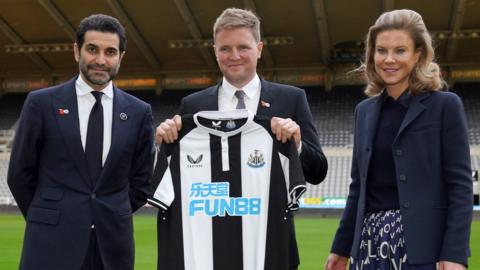 Newcastle United director Mehrdad Ghodoussi with manager Eddie Howe and club co-owner Amanda Staveley