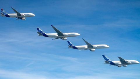 Airbus planes A320, A330, A350 and A380 flying in formation