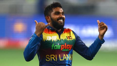 Wanindu Hasaranga celebrating a wicket for Sri Lanka