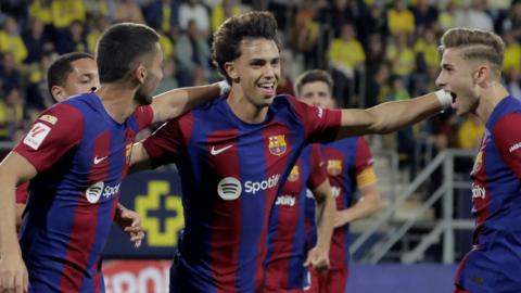 Joao Felix celebrates scoring opening goal for Barcelona at Cadiz in La Liga