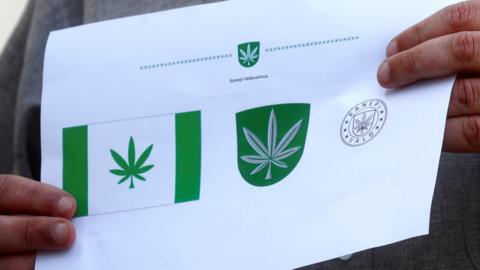 A design for Kanepi municipality"s flag and coat of arms featuring a cannabis leaf is seen during the municipality council's vote in Polgaste, Estonia on 15 May 2018