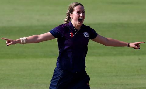Rachel Slater celebrates after taking an Ireland wicket in Abu Dhabi