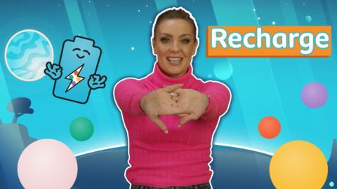 Dancer Amy Dowden in a pink jumper, smiling. Blue graphic background with a smiling battery emoji and the word 'Recharge'.