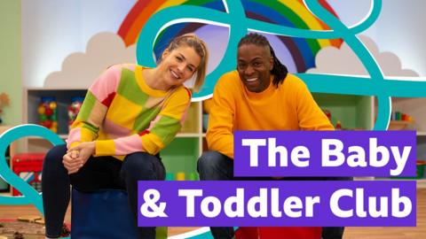 Man and woman in colourful room with 'The Baby & Toddler Club' written below. 