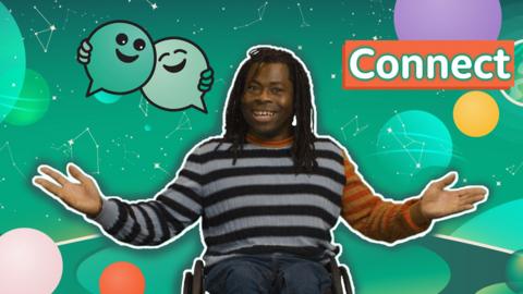 Presenter Ade Adepitan in a stripy jumper, smiling with his arms open wide. Green graphic background with smiling emojis and the word 'Connect'.
