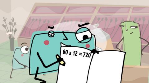 Cartoon monster holding a piece of paper with 60x12=720 written on it.