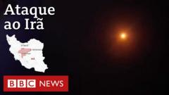 Ilustração mostra foto escura com ponto de luz, indicando explosão; mapa desenhado do Irã; e título do vídeo 'Ataque ao Irã'