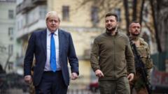 British Prime Minister Boris Johnson and Ukrainian President Volodymyr Zelenskyy walk at Khreschatyk Street and Independence Square during their meeting in Kyiv, Ukraine on April 09, 2022. 