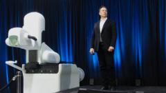Elon Musk đứng cạnh R1, một cỗ người máy dùng để lắp đặt chip N1 của Neuralink