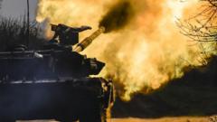 A Ukrainian tank opens fire on targets to support infantry units on the frontlines amid the Russia-Ukraine war in Avdiivka,